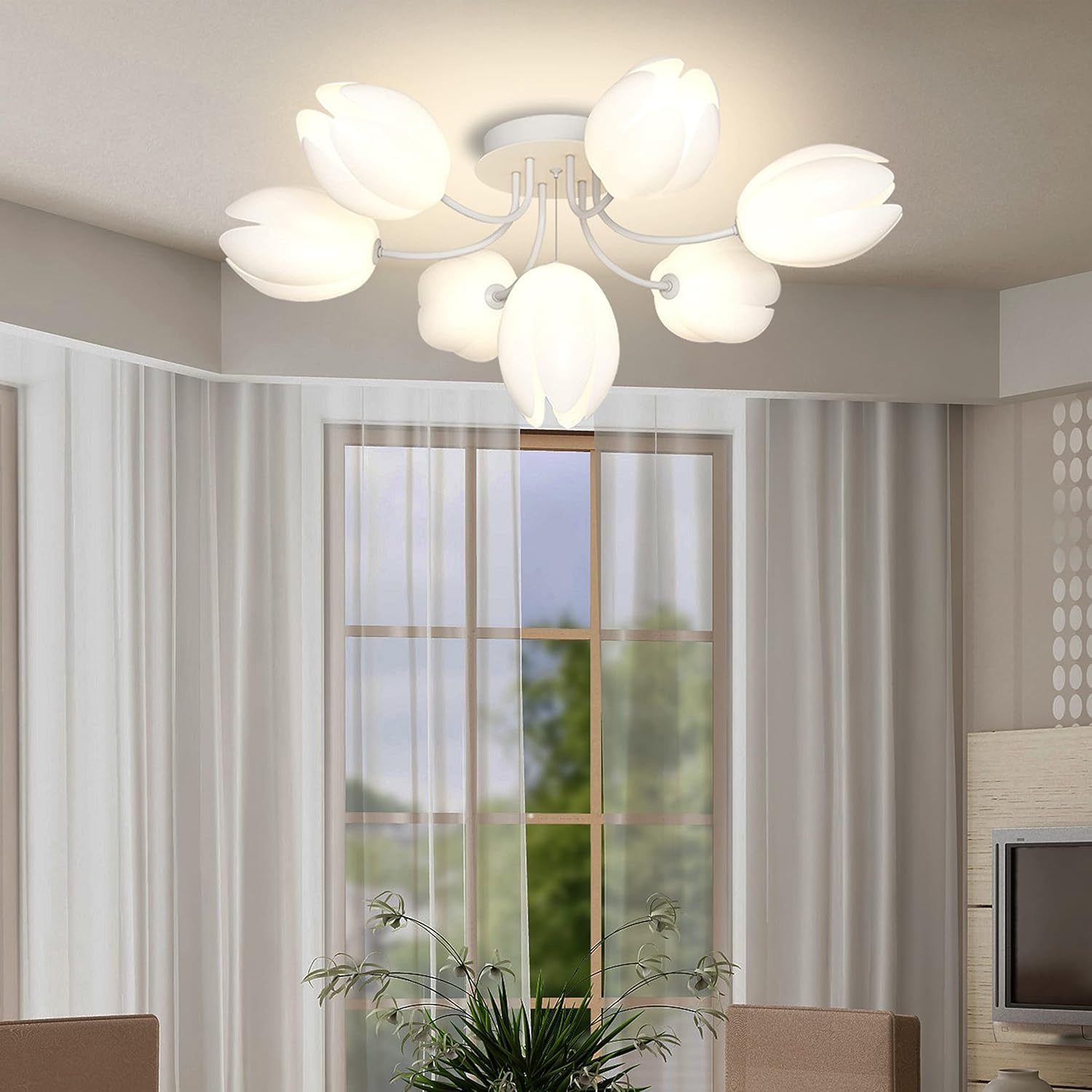 花の形状 シャンデリア ホワイト グリーン リビング照明、イタリア製フラワーシャンデリア、花付き