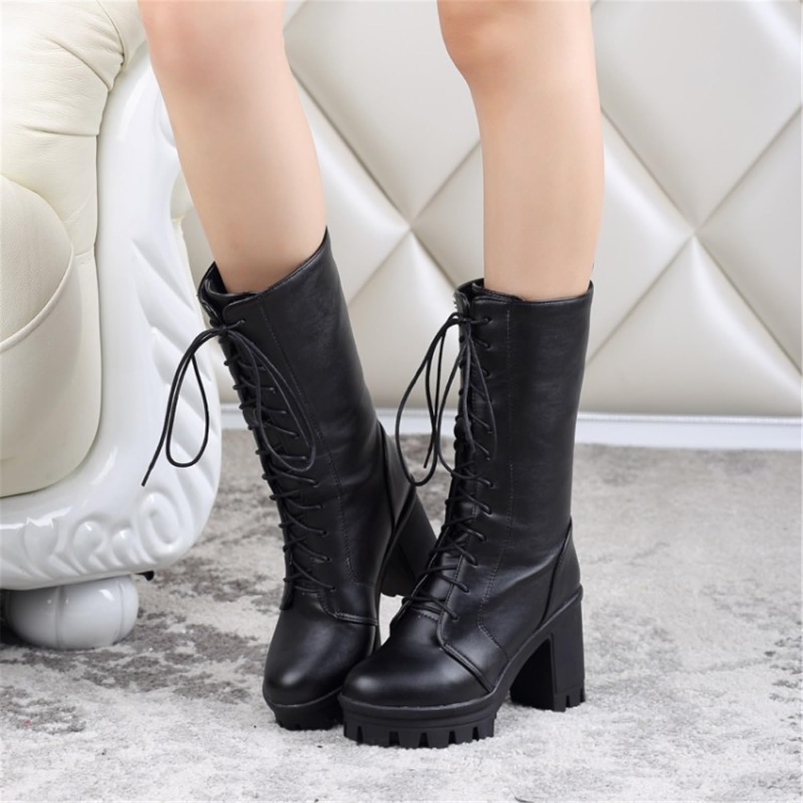 MEECHI Stivaletti da Donna in Stile Gotico 2023 Nuovi Stivali Stringati con Tacco Largo Caldi Booties in Peluche Stivali Corti in Pelle PU Ankle Boots da Autunno Inverno Scarpe alla Caviglia