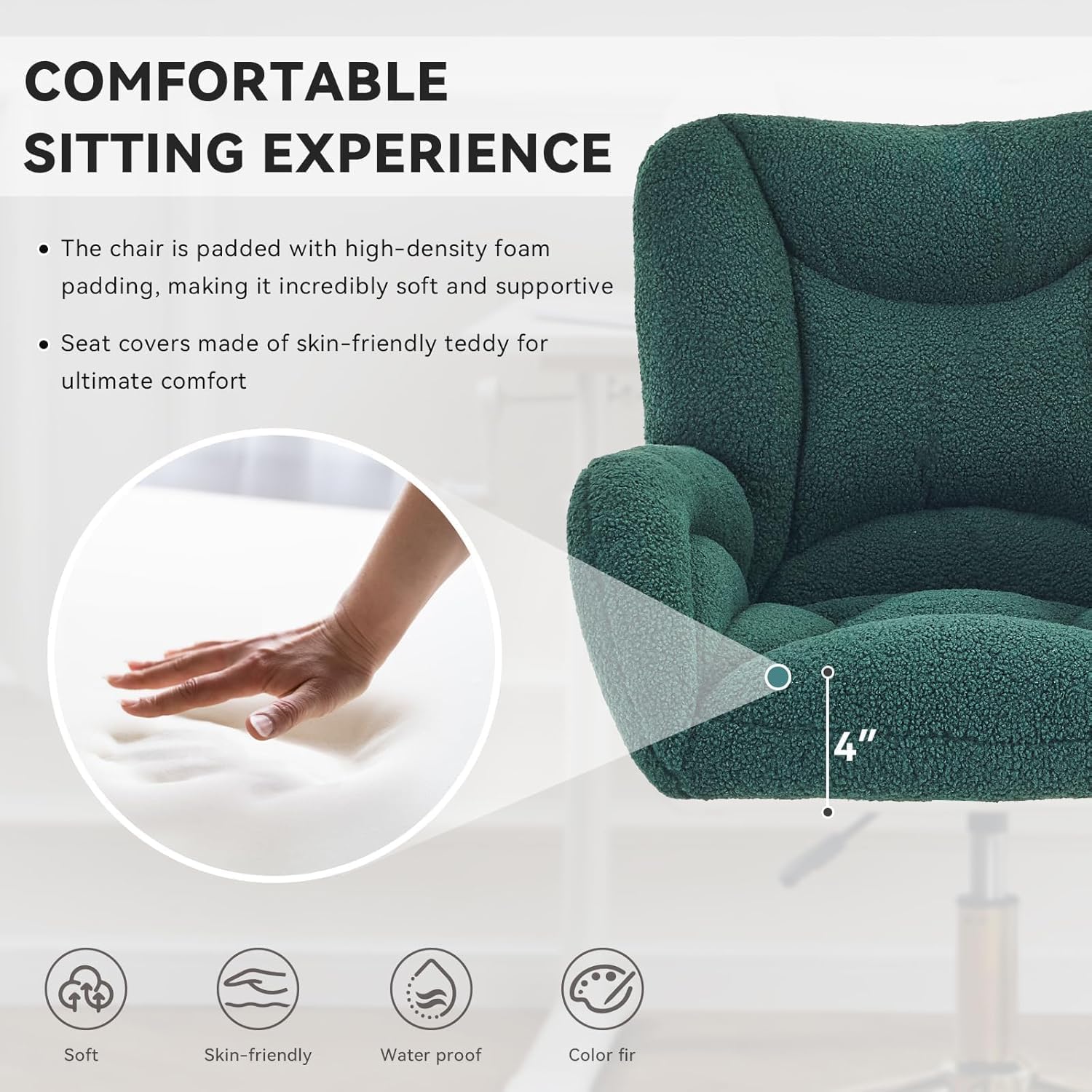 FOXHUNTER Vanity Chair with Ergonomic Back & Wheels, 360° Swivel Accent Chair, Adjustable Height Home Office Chair for Living Room, Teddy Green