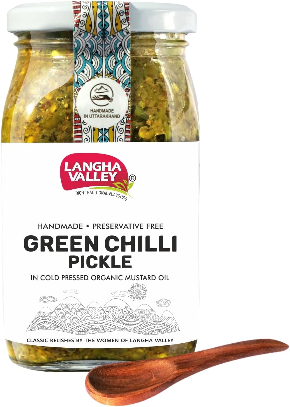 Homemade Green Chilli Pickle, Hari Mirch Ka Achar, Made with Organic Cold-Pressed Mustard Oil, Sun Dried and Sun Matured, Glass Jar with Wooden Spoon - 360 Grams
