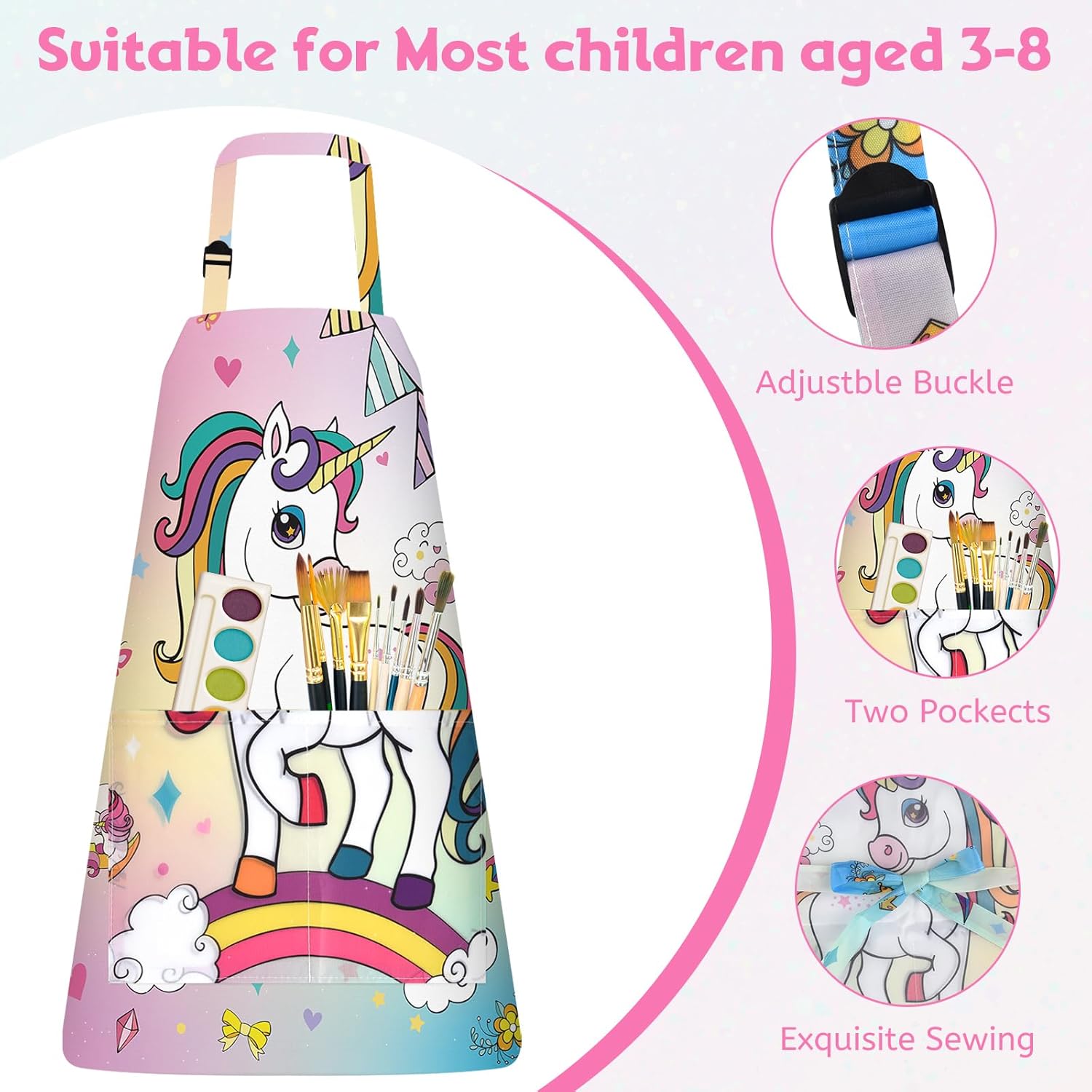 PLULON 4 Pcs Kids Aprons with Pockets Painting Apron for Kids, Colored Unicorn Apron Adjustable Strap for Painting Cooking Baking Girls Boys Paint Apron Unicorn Party Supplies, 3-8 Years
