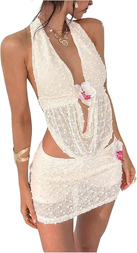 SOLY HUX Women's Mini Skirt Set Halter Deep Cowl Neck Crop Top and Bodycon Skits