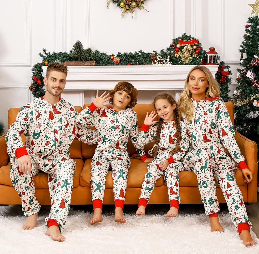 VNVNE Matching Christmas Onesie Pajamas Set for Family/Couples/Women/Men, One Piece Xmas Pjs Hooded Zipper Printed Sleepwear - Image 6