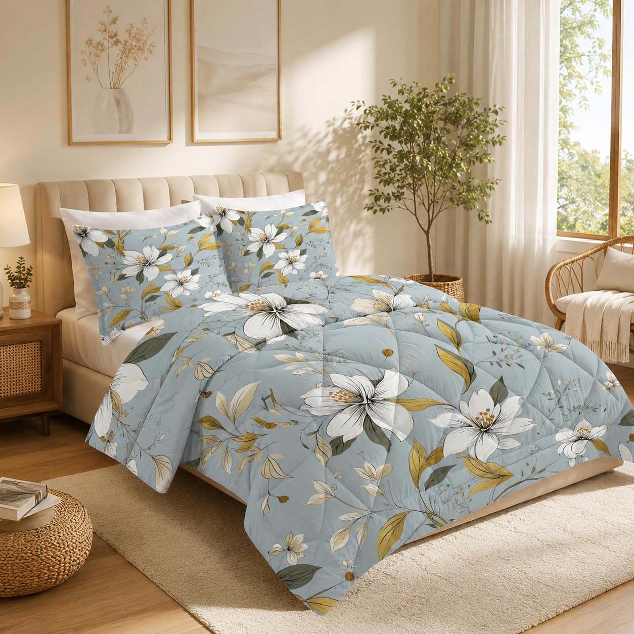 Edredon Cama 150 Flores, Relleno Nordico 220 x 240 4 Estaciones, Edredón Reversible Acuarela, Edredones Nordicos Estampados Floral con 2 Fundas de Almohadas 50x75 cm, Lavable G-515