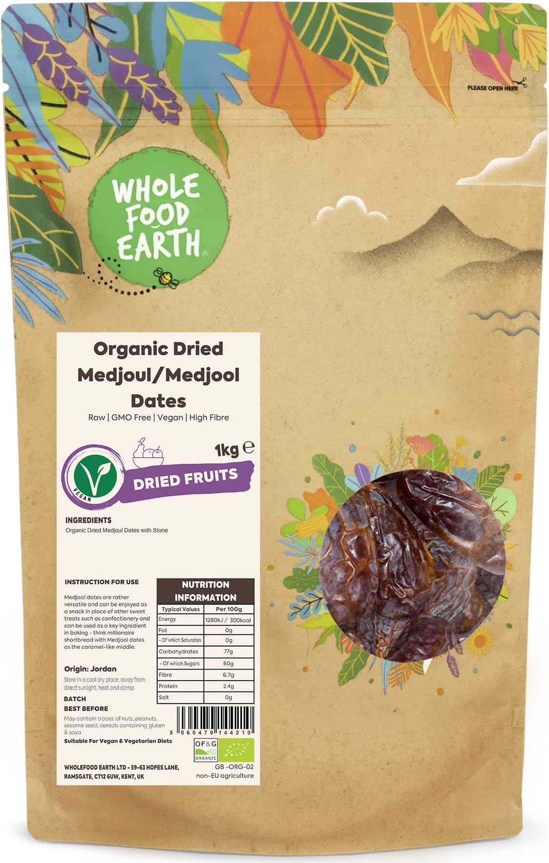 Wholefood Earth Organic Dried Medjoul/Medjool Dates โ 1 kg | Raw | GMO Free | Vegan | High Fibre | Certified Organic