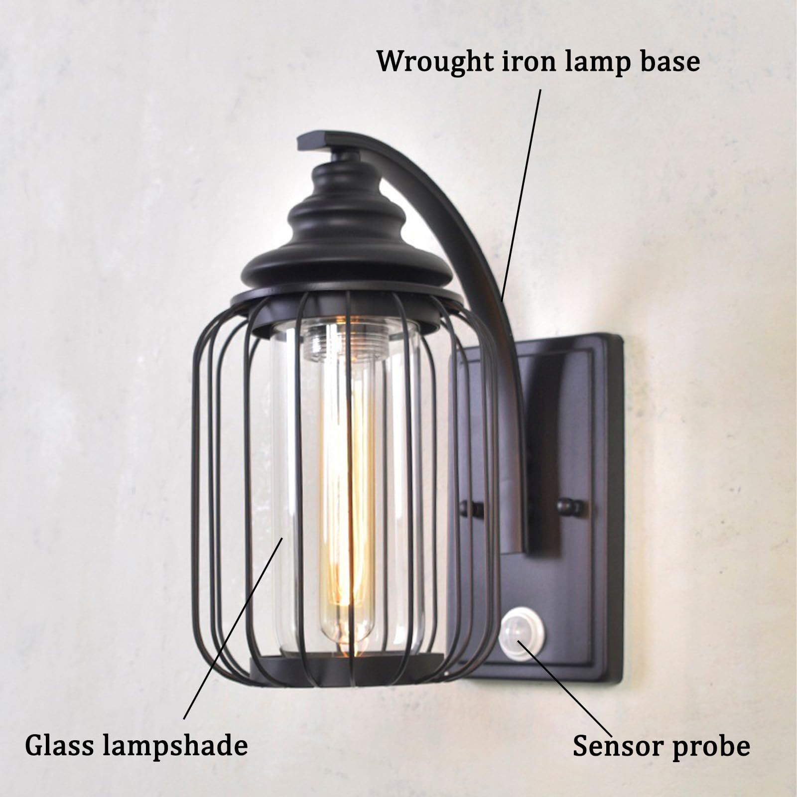 E27 Zewnętrzna lampa ścienna z czujnikiem ruchu IP65 wodoodporna oprawa ścienna czarna metalowa klatka i klosz szkło retro oświetlenie ścienne do willi na taras ogrodowy (czarny, 1 sztuka)