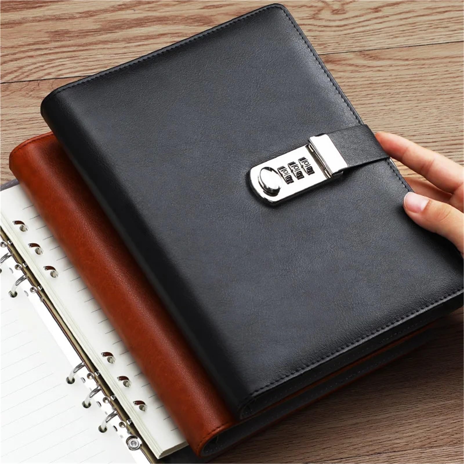 Carnet Mot De Passe Portefeuille de planificateur de carnet de Voyage d'affaires en Cuir A5 avec Verrouillage par Mot de Passe, classeur à Anneaux à 6 Trous à Feuilles Mobiles(A5 Red)