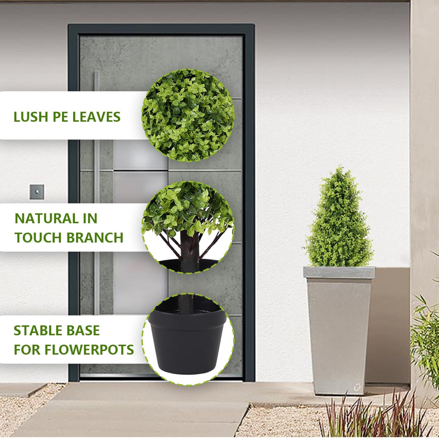 30" Tall Artificial Boxwood Topiary Trees, Set of 2 – UV Resistant Faux Evergreen Shrubs and Bushes for Outdoor Planters, Realistic Fake Plants for Front Porch Outside Patio Garden - Image 3