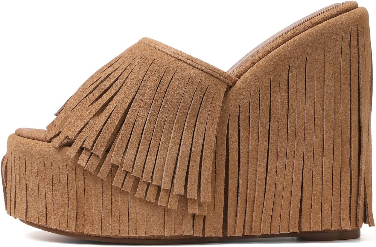 CYNLLIO Fringe Platform Sandals Women Dressy Wedge Heels Summer Boho Shoes Slip on Open Toe Slides Tassels Beach Slippers