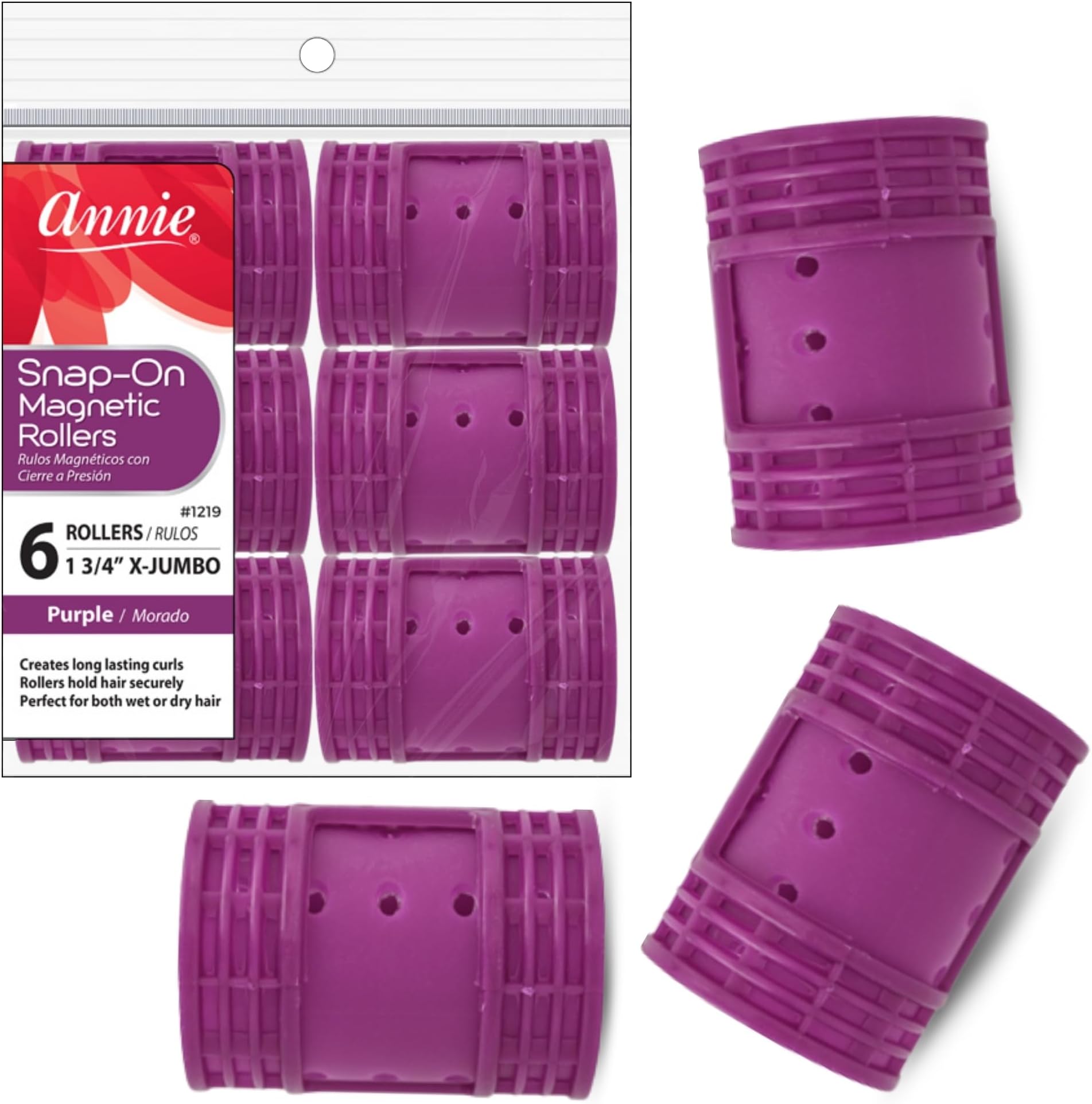 Annie Snap-On Magnetic Hair Rollers – Extra Jumbo 1 3/4 Inch with Locking Snap-Over Hood – Secure Hold No Pins Needed – Purple, 6 Count