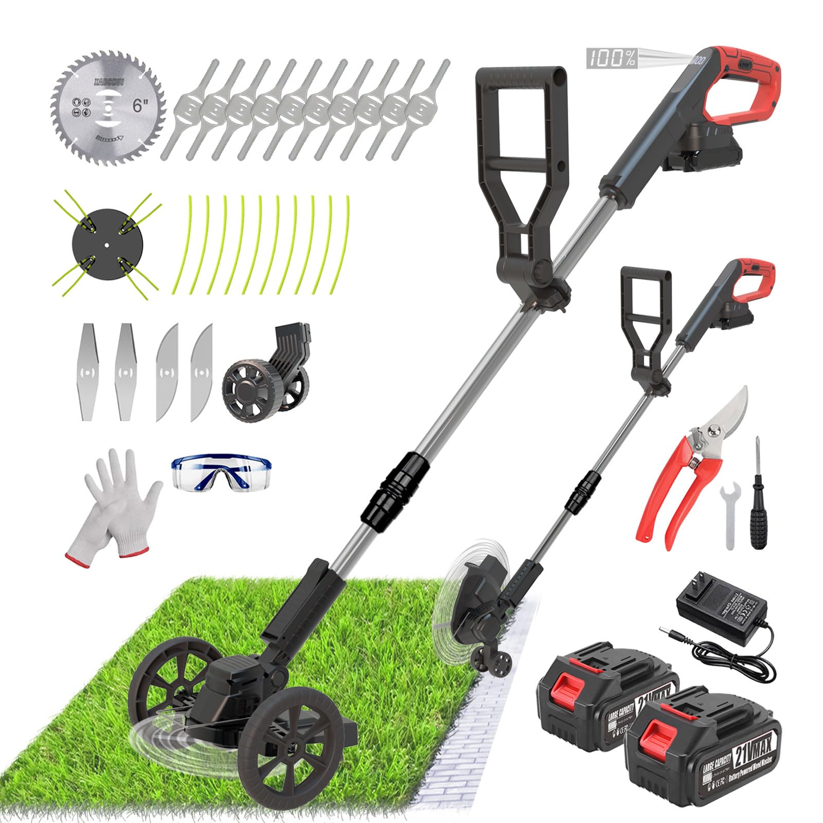 cordless weed wacker eater battery powered, 21v lightweight electric weed trimmer with 2 battery operated & charger& wheels & shears, no-string grass trimmer/brush cutter/lawn edger for yard garden