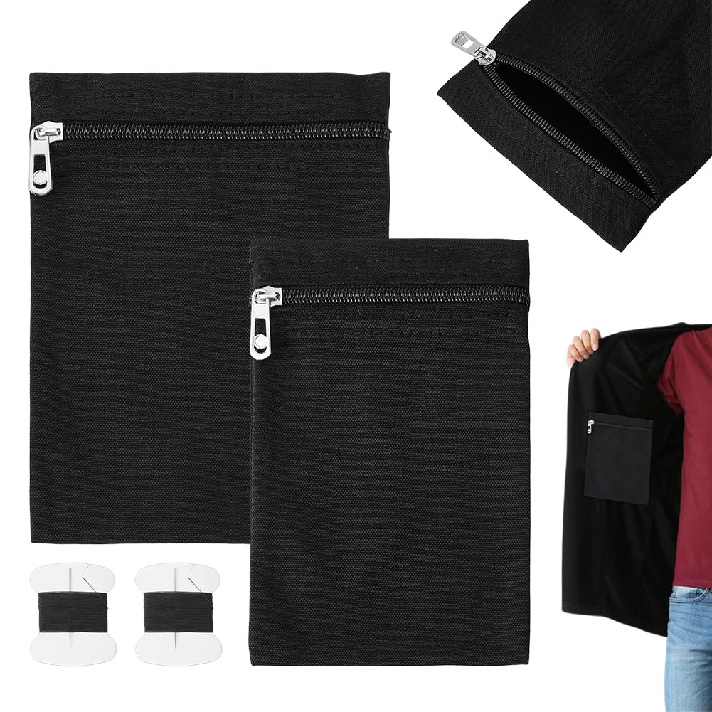 NBEADS 2 Pcs 2 Sizes Sew-in Side Pocket with Zipper, Rectangular Zipper Coat Inside Pocket Sewing with Sewing Thread and Needles for Jacket Hoodie Sweatshirt, Black