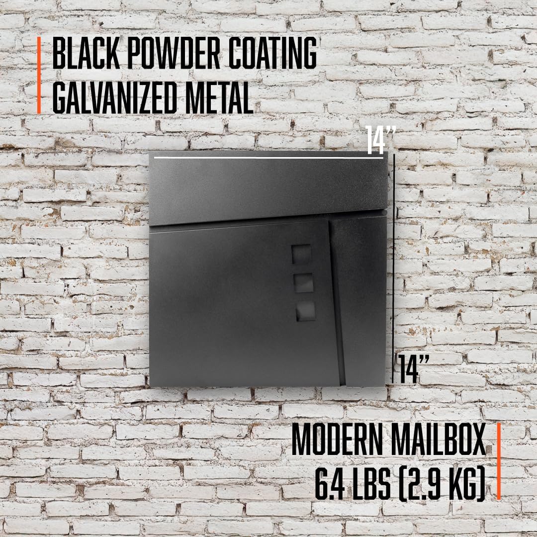 Modern Wall Mounted Outdoor Mailbox – 14" x 14" Black Galvanized Steel Mailbox with Newspaper Holder & 2 Security Keys for Package, Outside, Home and Office - Modern Mailbox by Ondor