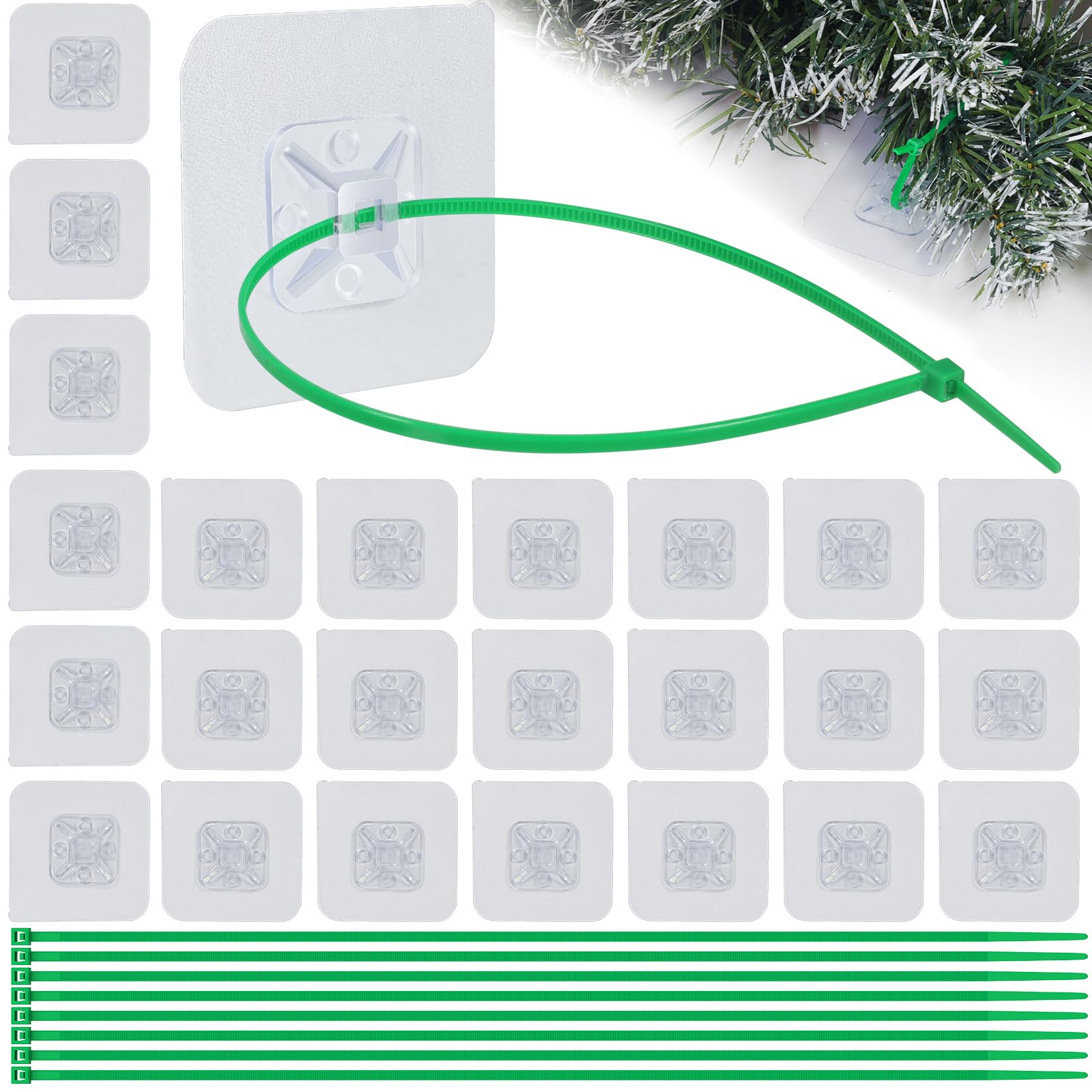 25 Pcs Christmas Garland Hanger, Transparent Large Zip Tie Mounts Self Adhesive Cable Tie Invisible Garland Cords Hooks Climbing Plants Straps for Wreath Fireplace Mantle Stairways (25, Green)