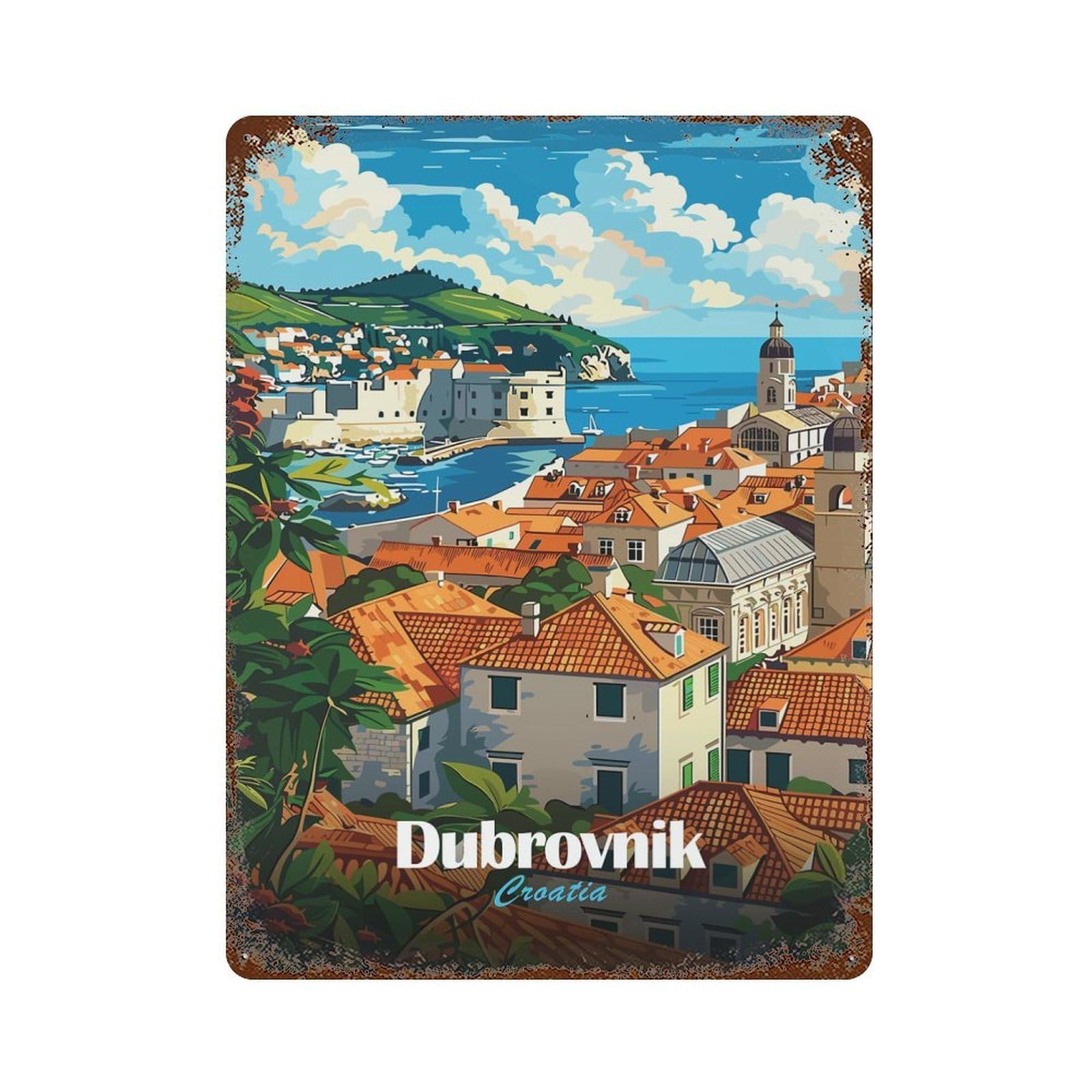 Dubrovnik, Croatia Travel Rust Effect Tin Sign 15.7"x11.8", Farmhouse Wall Decor for Farmhouse, Kitchen And Entryway Decor