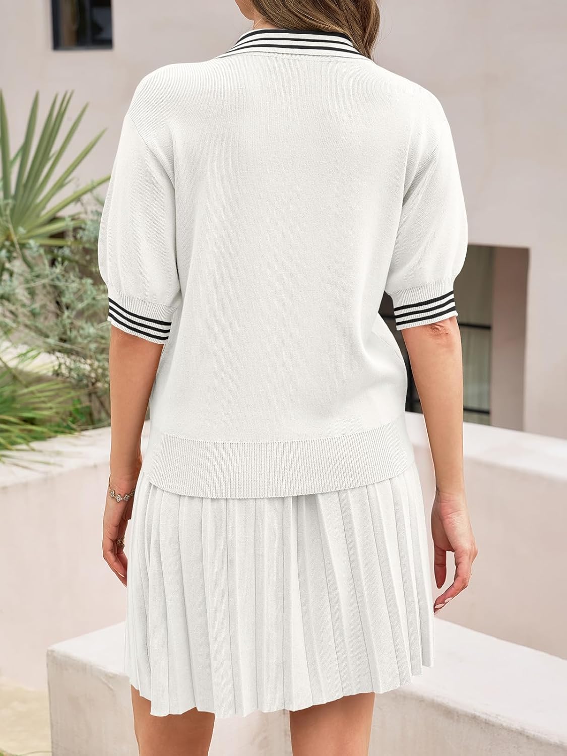 Fisoew Womens Summer 2 Piece Skirt Sets Short Sleeve V Neck Knit Sweater Tops Pleated Mini Skirt Casual Beach Outfits - Image 5