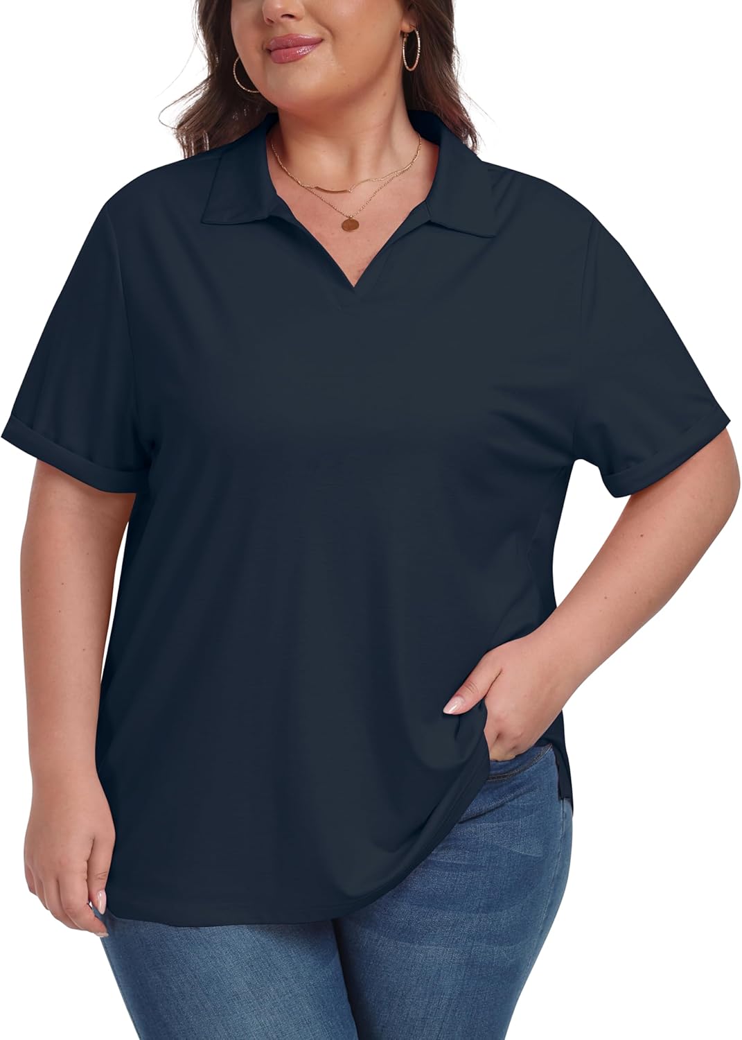 MoFiz Women's Plus Size Golf Polo Shirts Loose Fit Short Sleeve V-Neck Tennis Workouts Tops, XL-5XL - Image 3