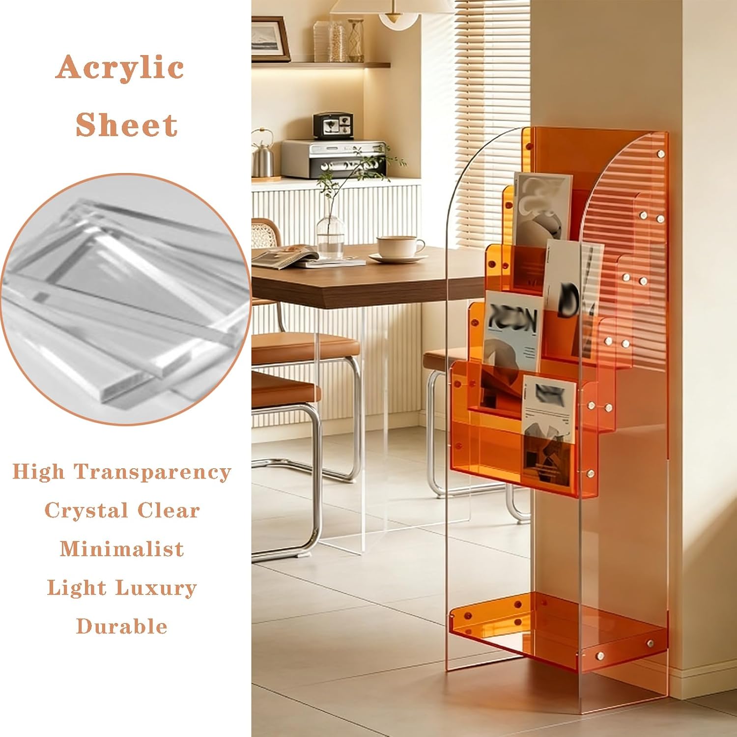 JSWHYBD 5-Tier Floor-Standing Acrylic Magazine Rack — A Light Luxury Display Stand with Retaining Guards, Suitable for Living Rooms, Cafés, Studies, and Hotels Orange