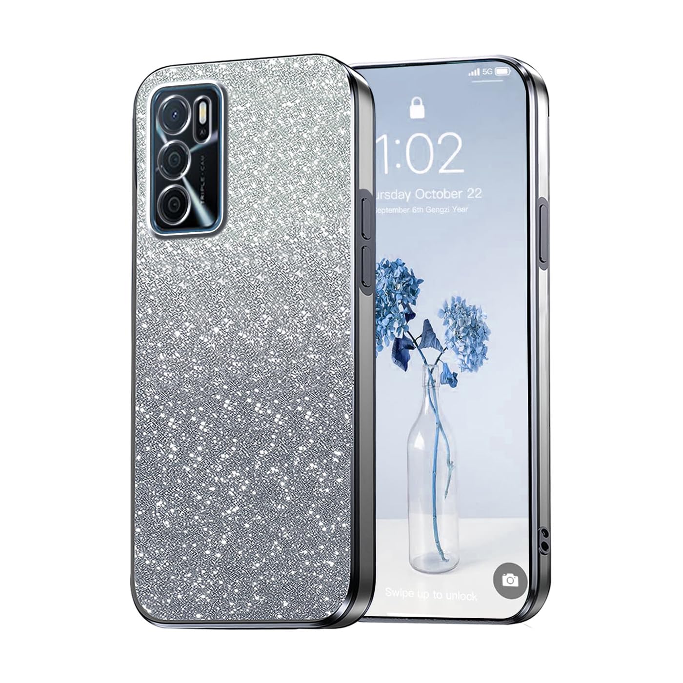 Custodia YUXING Glitter Per Oppo A16 / A16s / A54s – Trasparente Con Motivo Flora, Antiurto TPU (Blu)