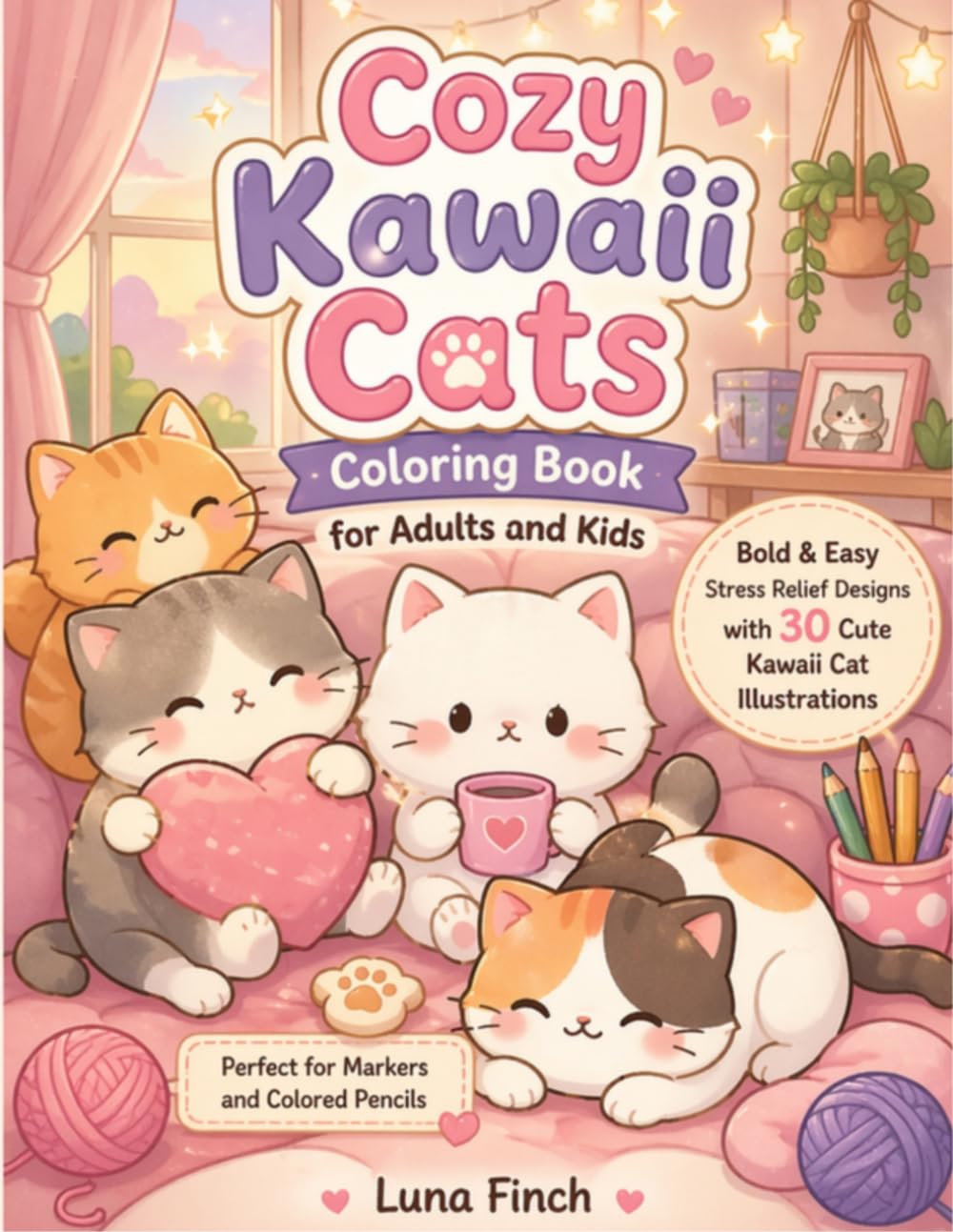 Cozy Kawaii Cats Coloring Book for Adults and Kids: Bold & Easy Stress Relief Designs with 30 Cute Kawaii Cat Illustrations — Perfect for Markers and Colored Pencils