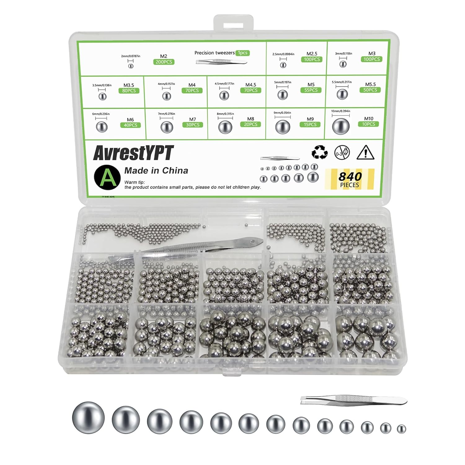 AvrestYPT 840pcs 304 Stainless Steel Bearing Balls - Precision Metric Sizes 2-10mm for Bike Bearings, Machinery & DIY Repairs