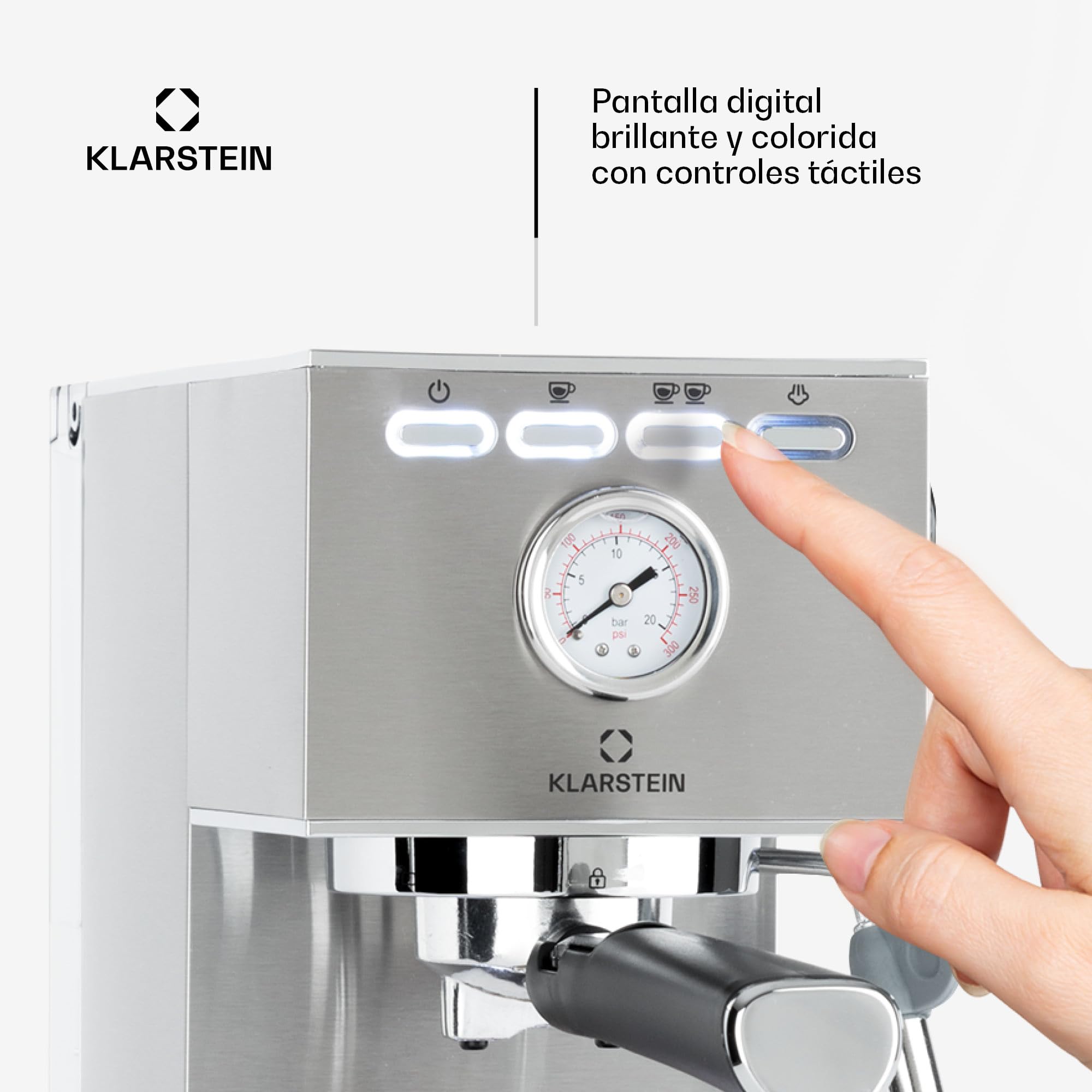 KLARSTEIN Pausa cafetera espresso, 1350 W, máquina de café, 20 bares de presión, depósito de agua: 1,4 litros, acero inoxidable, plateado