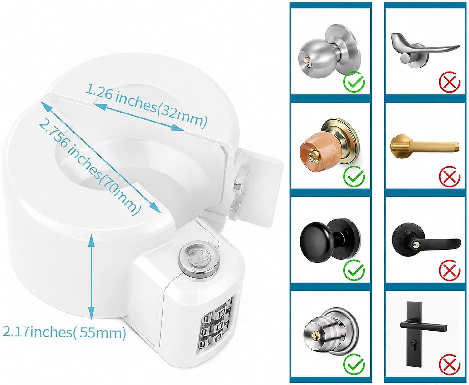 Door Knob Lock Combination Child Proof Door Knob Cover Lock Out Device for Bedroom, Bathroom,Faucet, Water Gas Valve, Temporary Door Handle Lock Prevents Access to Keyhole Dementia Elderly (White)