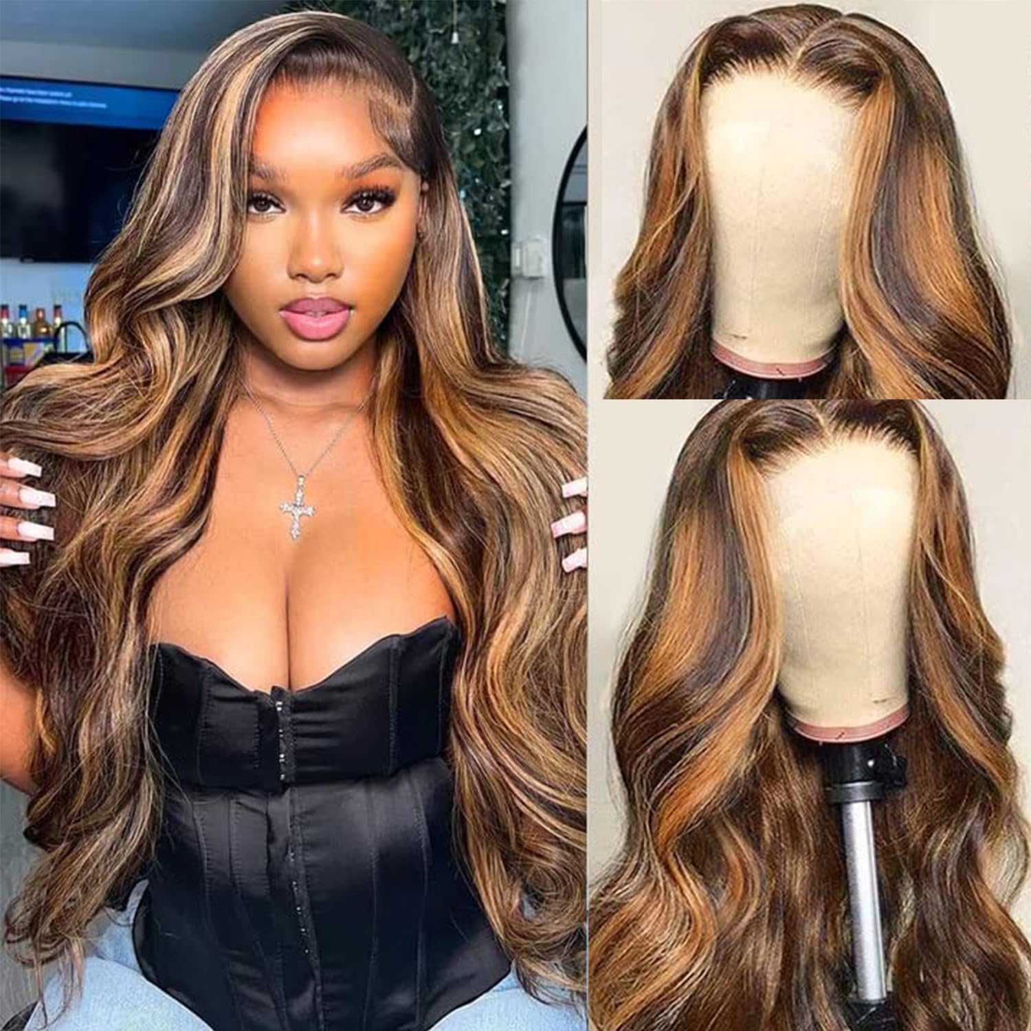 Highlight Body Wave Human Hair Wig For Black Women,Honey Blonde Ombre 4/27 13x4 HD Transparent Lace Front Wigs Human Hair Colored Wig Pre Plucked Natural Hairline With Baby Hair