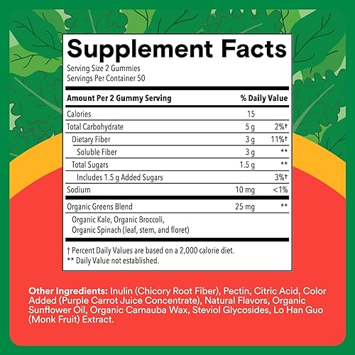 Miniatura 3 de SmartyPants Kids Fiber & Veggies Gomitas de fibra prebiótica para niños, suplemento de fibra con inulina, mezcla orgánica de verduras verdes,