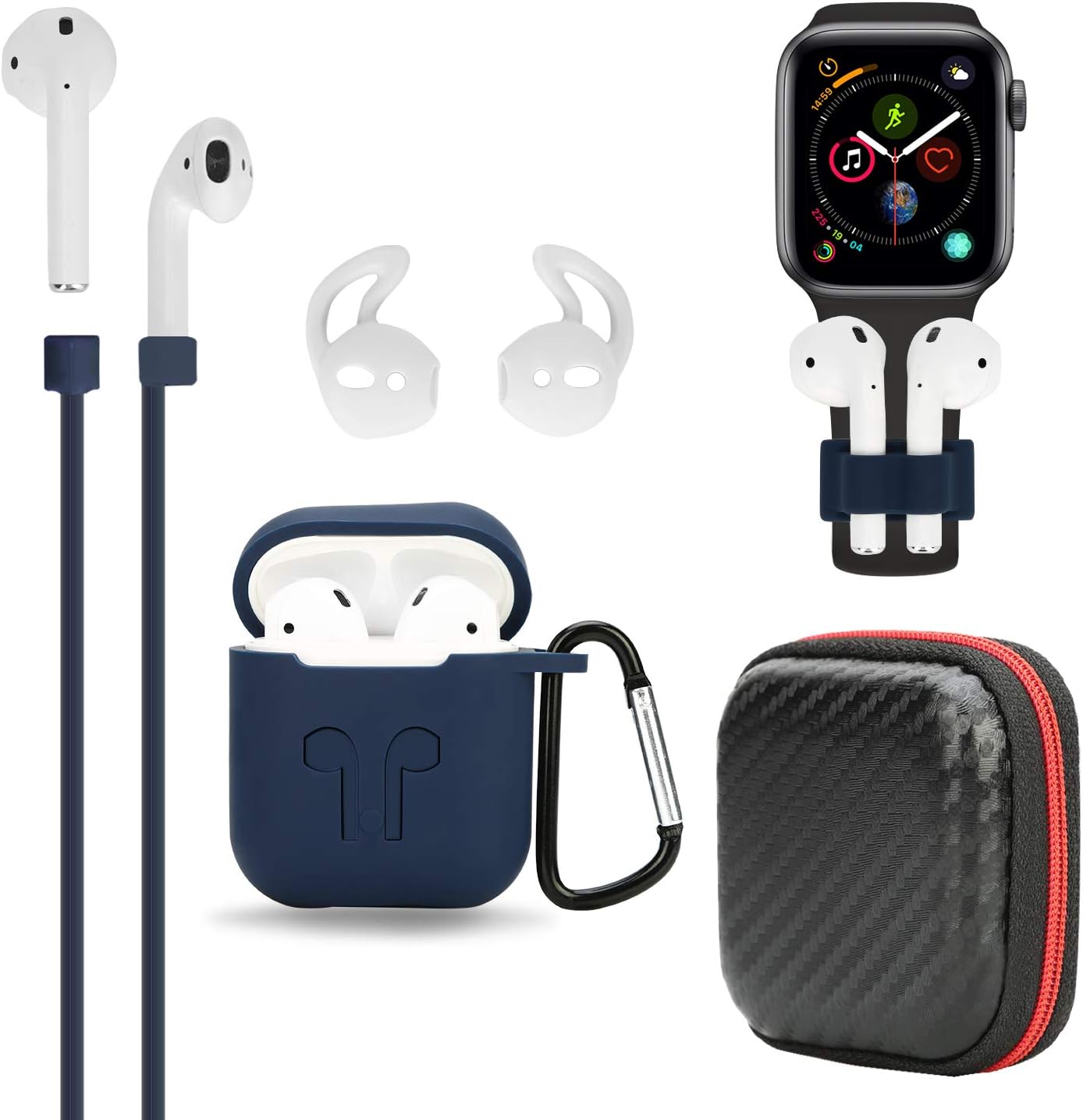 Airpods Case, BZseed Airpods Accessories Set Protective Silicone Cover and Skin Charging Case for Apple Airpod, Silicone Cover/Airpods Strap/Airpods Ear Hook/Hardshell Travel Case/Keychain (Deep Blue)