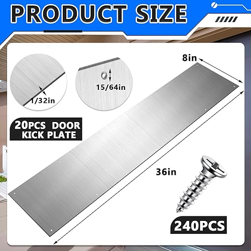 Miniatura 2 de 5 juegos de placas plateadas de 8 x 36 pulgadas para puertas exteriores, placas de aluminio satinado con tornillos para madera de metal interior y