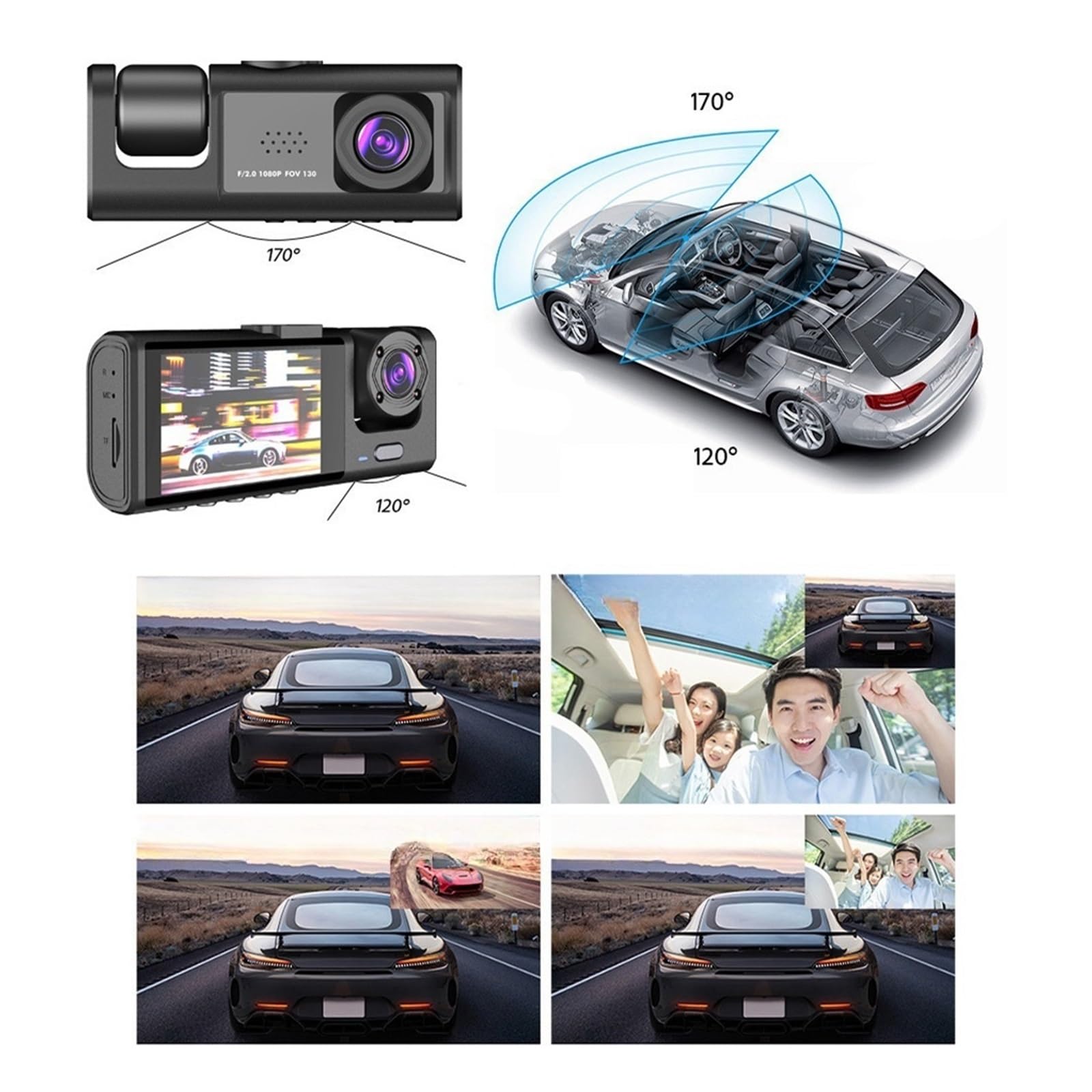 Dash Cam ABS Auto con 3 obiettivi, schermo da 2 pollici, fotocamera ricaricabile alimentata a batteria