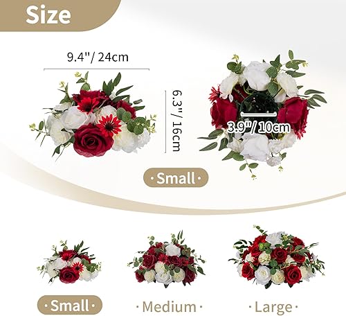 Miniatura 6 de NUPTIO Ramo de Arreglo de Bolas de Flores - 2 Piezas 9.4 pulgadas de Diámetro Carmesí y Blanco Flores Falsas Bolas de Rosas para Centros de Mesa