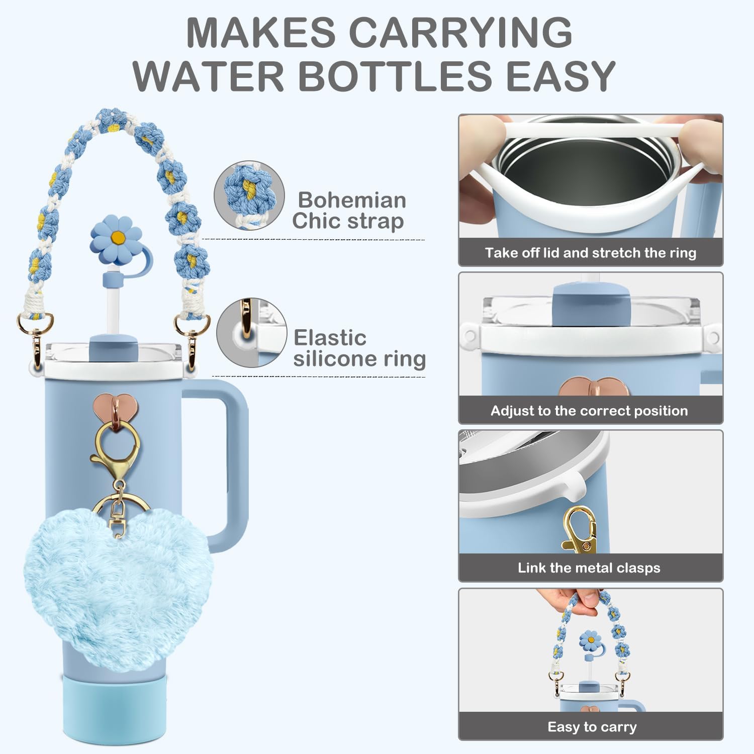 Stanley Tumbler Cup Accessories Set - 20oz, 30oz, 40oz With Silicone Straw Cover, Water Bottle Handle Strap, Charms, Silicone Cup Boot (Blue) - Image 3