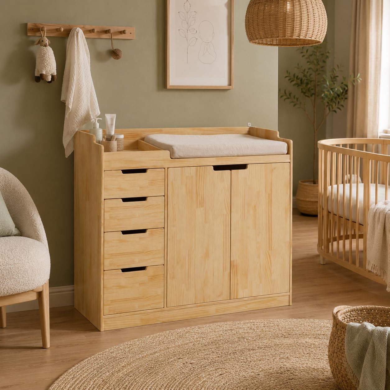 Cambiador bebé con 4 cajones y 2 puertas, cómoda madera infantil