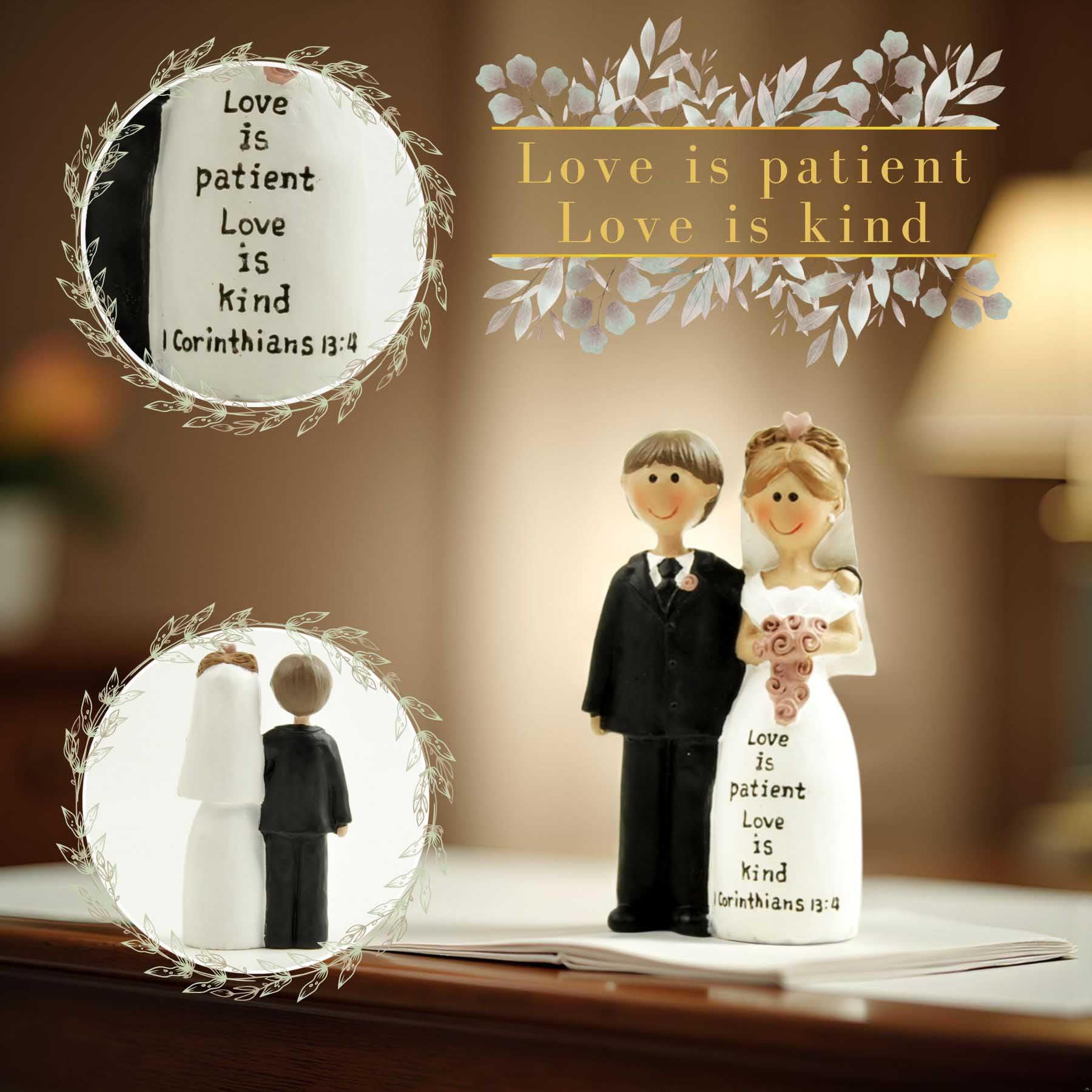 Bride and Groom Wedding Cake Topper, Resin Figurine with “Love is Patient, Love is Kind” Bible Verse, Vintage Cake Decoration - Image 4