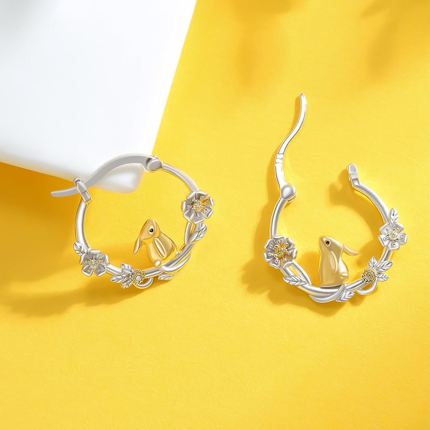 Easter Bunny Earrings for Women 925 Sterling Silver Bunny and Dasiy Hoop Huggie Earring Modern Rabbit Birthstone Earrings Easter's Thanksgiving Christmas Jewelry for Women Ladies Sister Best Friend