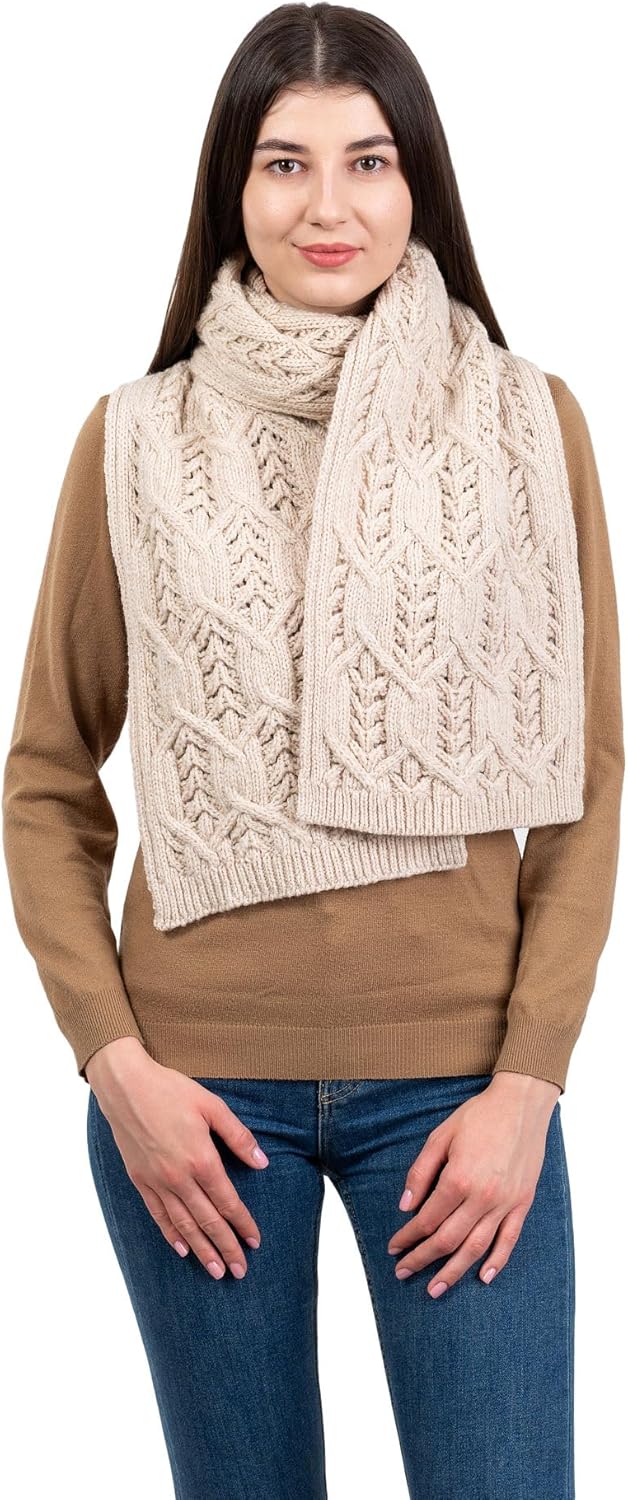 SAOL Aran Fisherman Leaf Scarf for Women, Irish Traditional Merino Wool Muffler Ladies Made in Ireland