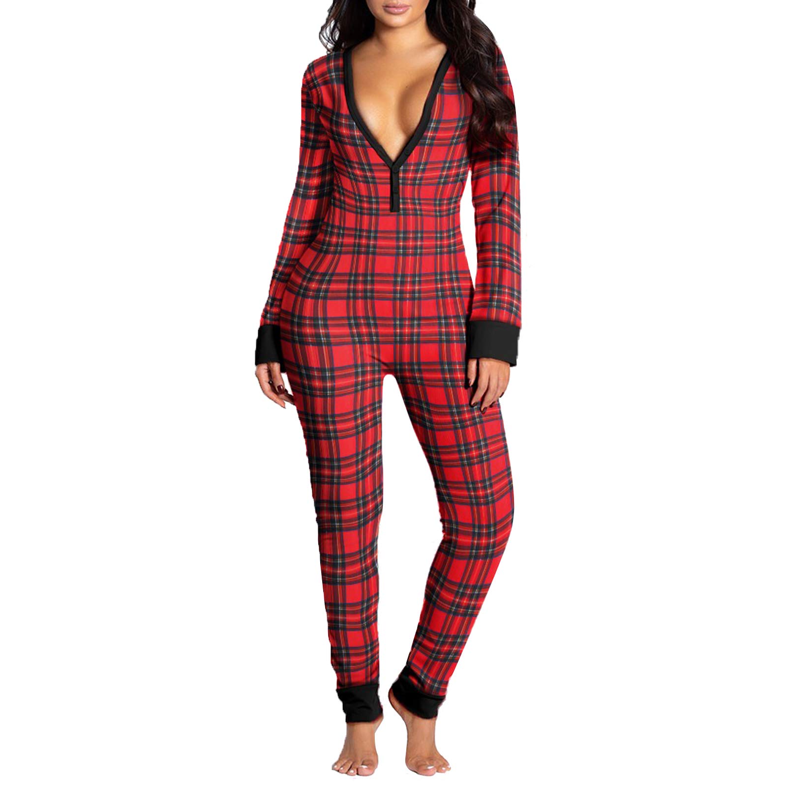 Womens Sexy Butt Flap Pajamas Button-Down Front Functional Buttoned Flap Adults Jumpsuit One Piece Sleepwear