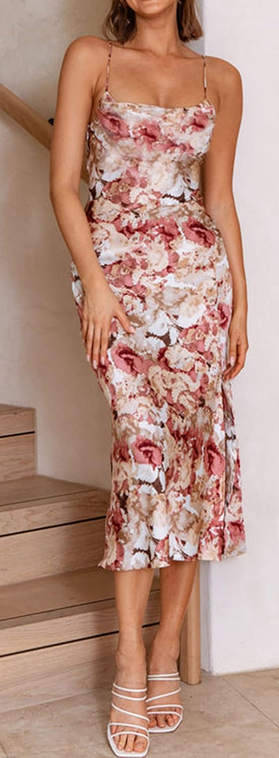 Tsher Women's Sleeveless Spaghetti Strap Satin Wedding Guest Party Dress Cowl Neck Backless Midi Formal Dresses - Image 2