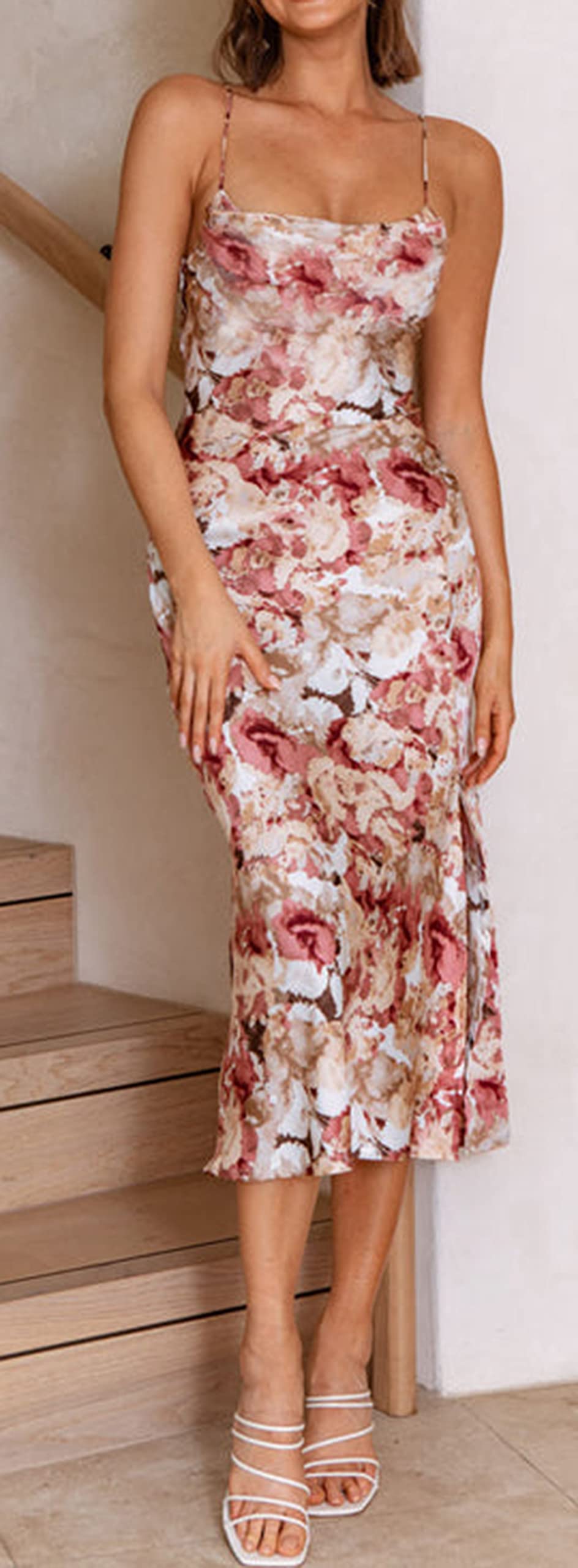 Tsher Women's Sleeveless Spaghetti Strap Satin Wedding Guest Party Dress Cowl Neck Backless Midi Formal Dresses