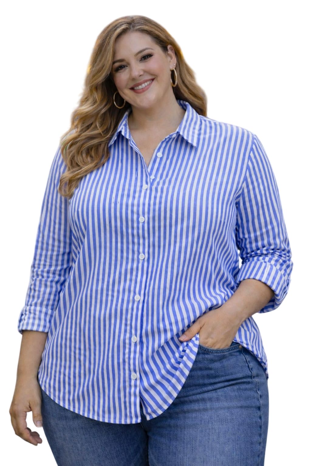 Women's Striped Casual Plus Size Shirt | Full Sleeve Button Down Collared Shirt | Comfortable Oversized Fashion Clothing for Office, Travel, Vacation, Holiday, Party-picture-38