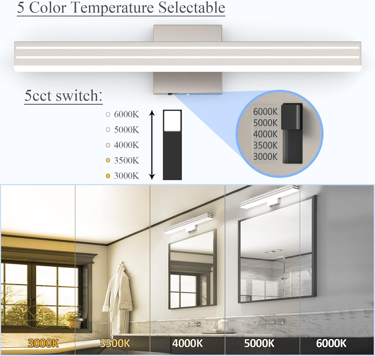 Ralbay 24inch Brushed Nickel Vanity Light with 5 Color Temperature (2700K-6000K) Dimmable Acrylic Metal 24W LED Modern Bathroom Vanity Light Bar