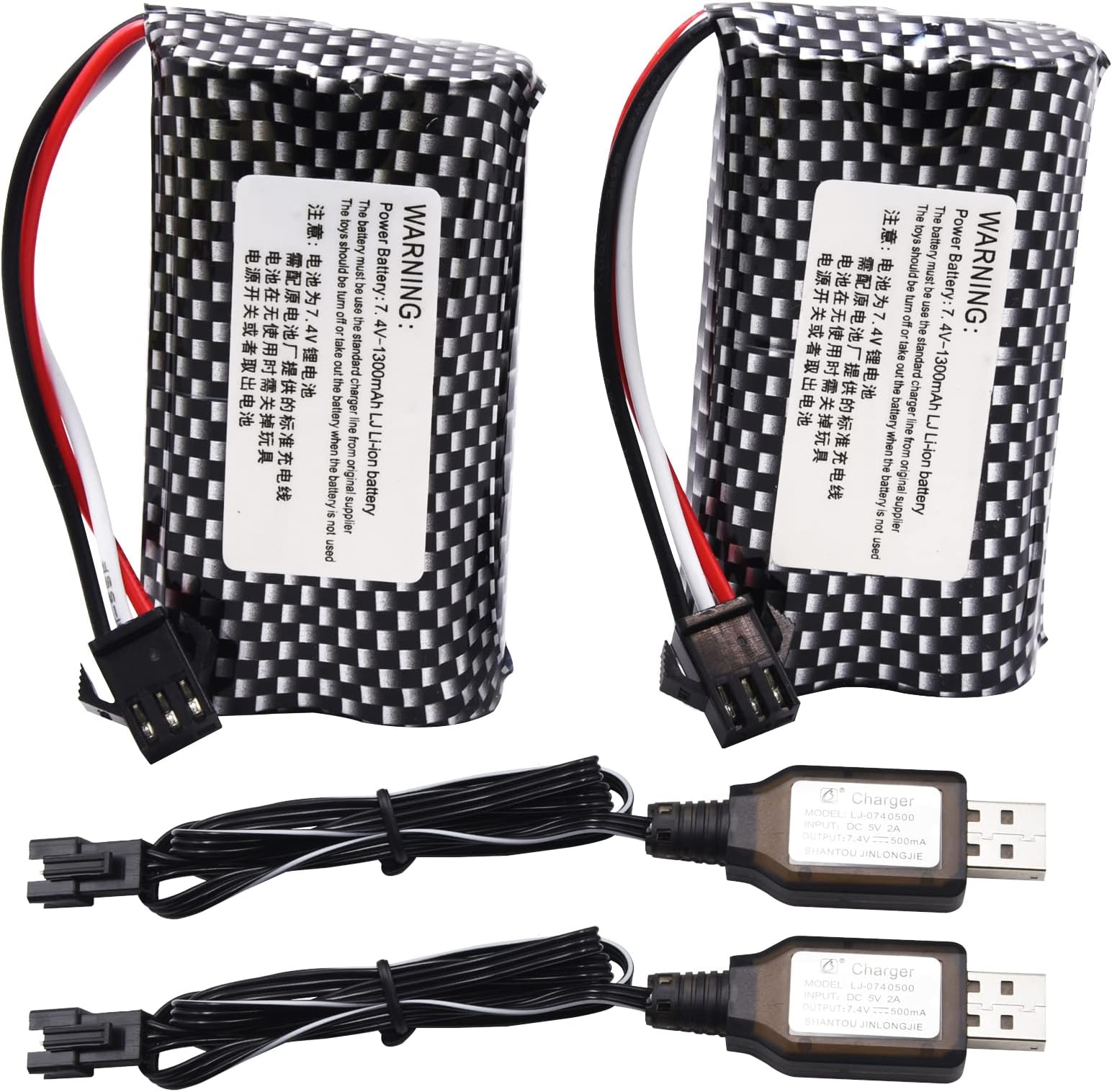 Blomiky 2 Pack 7.4V 1300mAh Li-ion Rechargeable Battery with Black SM-3P Plug and Cable Replacment for Some Old Version RC Trucks / 1575 Battery 2