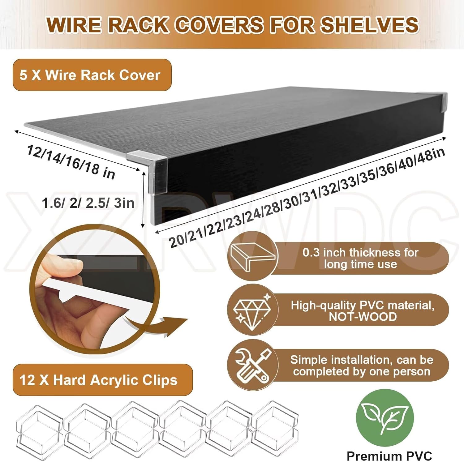 Wire Shelf Covers for Closet 42x16 inch, 5 Pcs Black Faux Wood Wire Rack Covers for Shelves, 2" High Shelf Covers for Wire Shelving, Waterproof PVC Shelfs Cover for Pantry Kitchen Bathroom Office