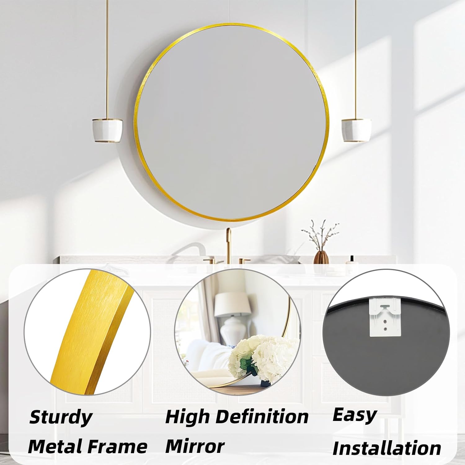Gold Round Mirror 20 inch, Gold Circle Mirror, Round Wall Mirrors for Bathroom, Living Room, Hallway, Vanity, Over Sink, Mantel
