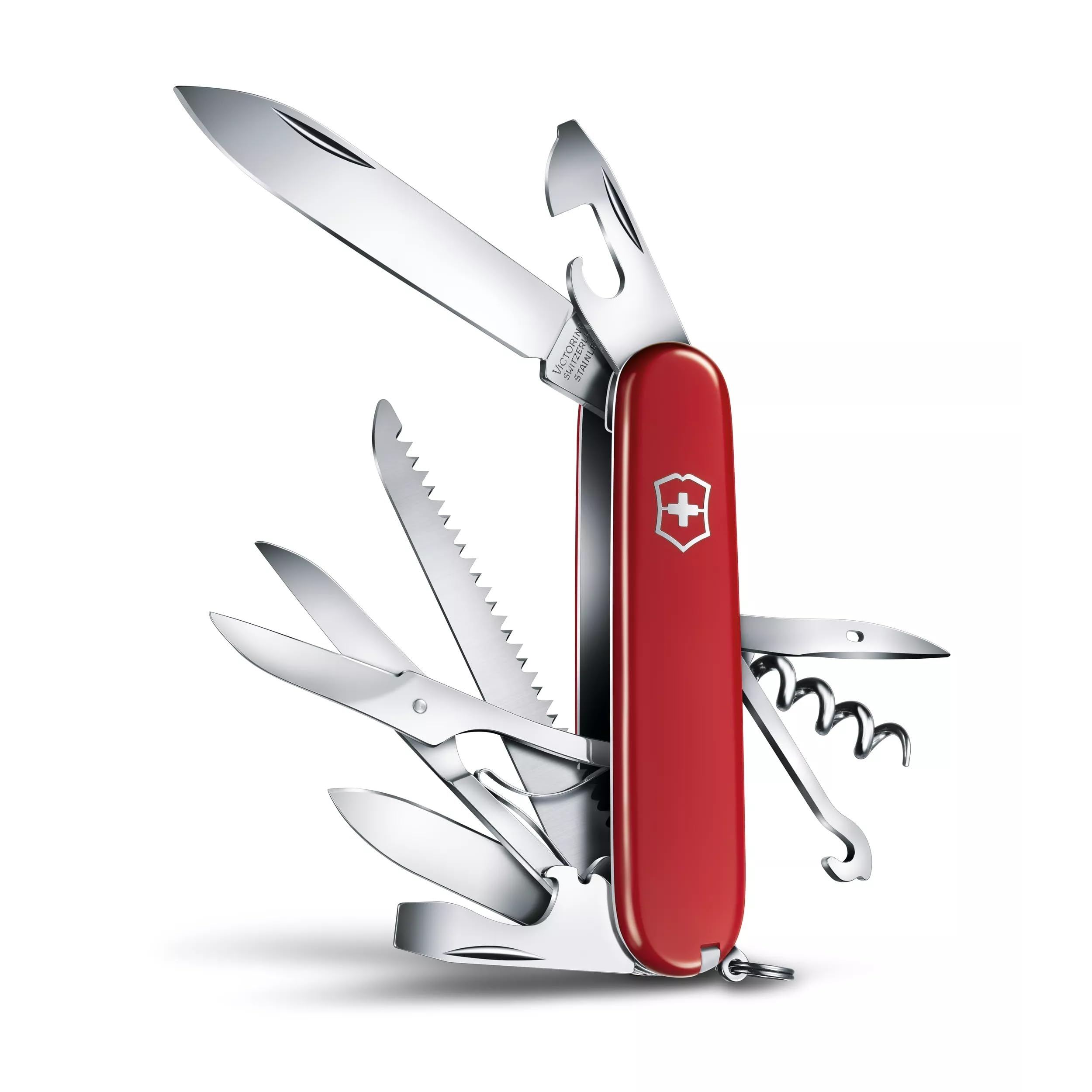 Victorinox Taschenmesser Huntsman (15 Funktionen, Schere, Holzsäge, Schraubendreher) rot & Dual-Messerschärfer, Tragbar, Schleifstein für Grobschliff, Keramikplättchen für Feinschliff