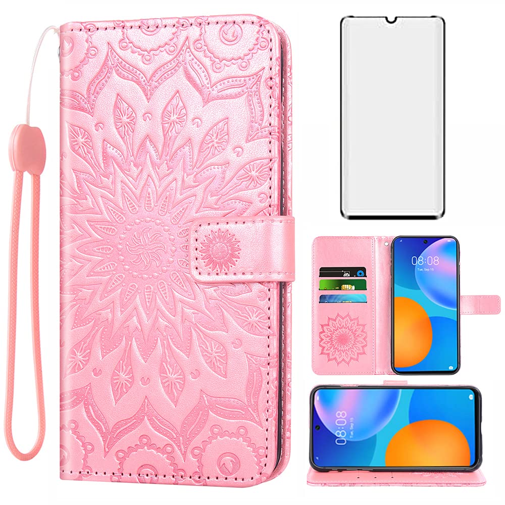 Asuwish Phone Case for Huawei P Smart 2021/Y7A Wallet Cases with Tempered Glass Screen Protector and Leather Slim Flip Cover Card Holder Stand Cell Accessories Hawaii PSmart 2021 Women Rose Gold