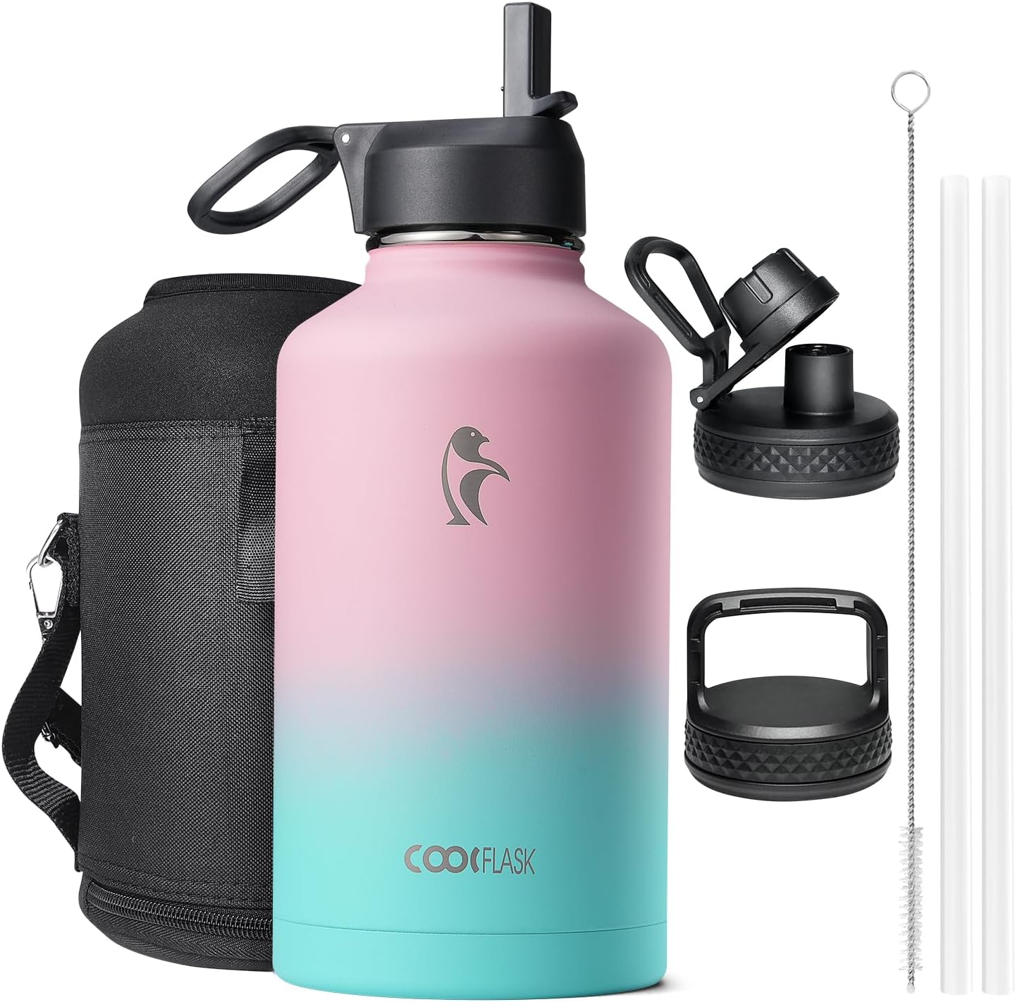 Insulated Water Bottle 2L - 3 Lids with Straw & Spout & Handle, Leakproof Vacuum Stainless Steel Water Bottle for Sports, Travel, Gym, 48H Cold & 24H Hot, BPA Free, Ombré Pink-Blue