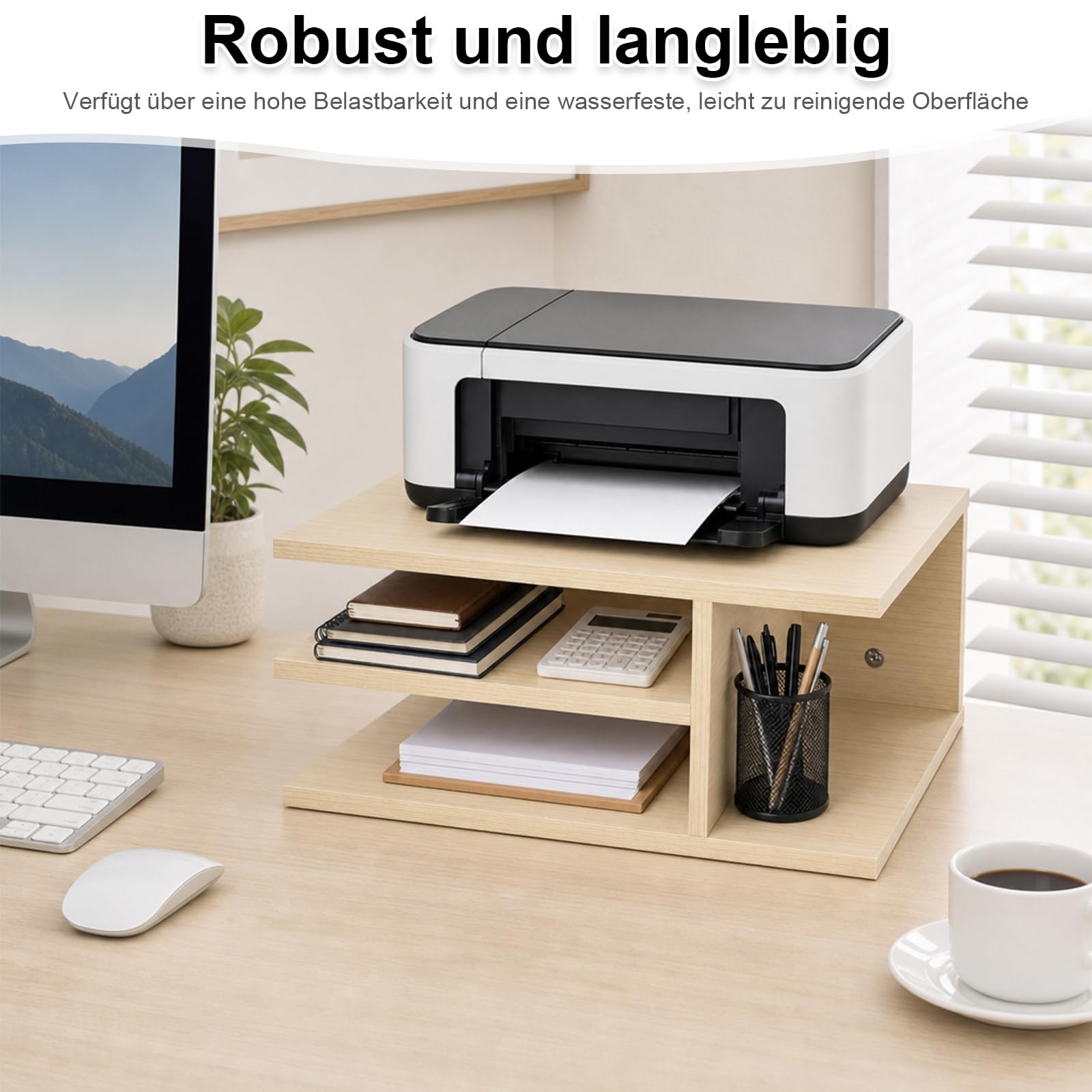 Supporto per stampante da scrivania, organizer a 3 scomparti per stampanti e forniture per ufficio, salvaspazio e stabile, per home office e piccoli spazi, 40 x 30 x 17 cm, effetto legno